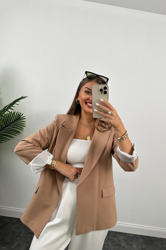 Premium Seri Astarlı Çizgili Blazer Ceket Camel