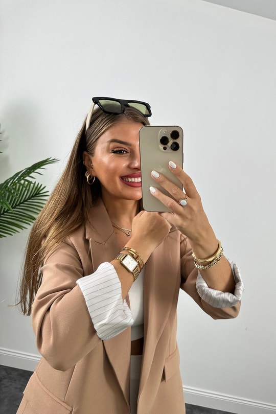 Premium Seri Astarlı Çizgili Blazer Ceket Camel