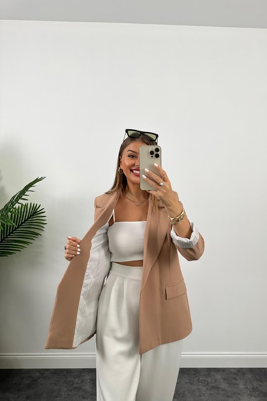Premium Seri Astarlı Çizgili Blazer Ceket Camel