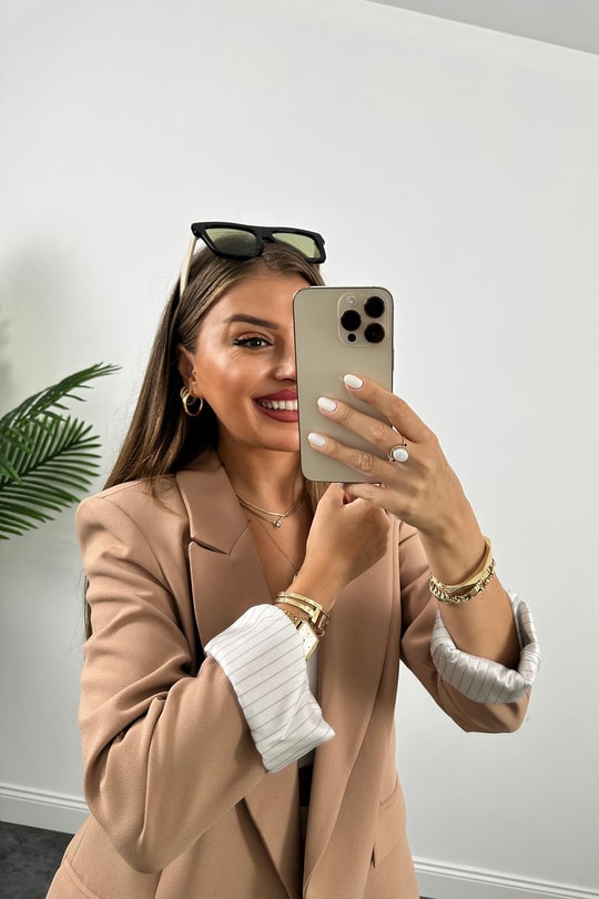 Premium Seri Astarlı Çizgili Blazer Ceket Camel