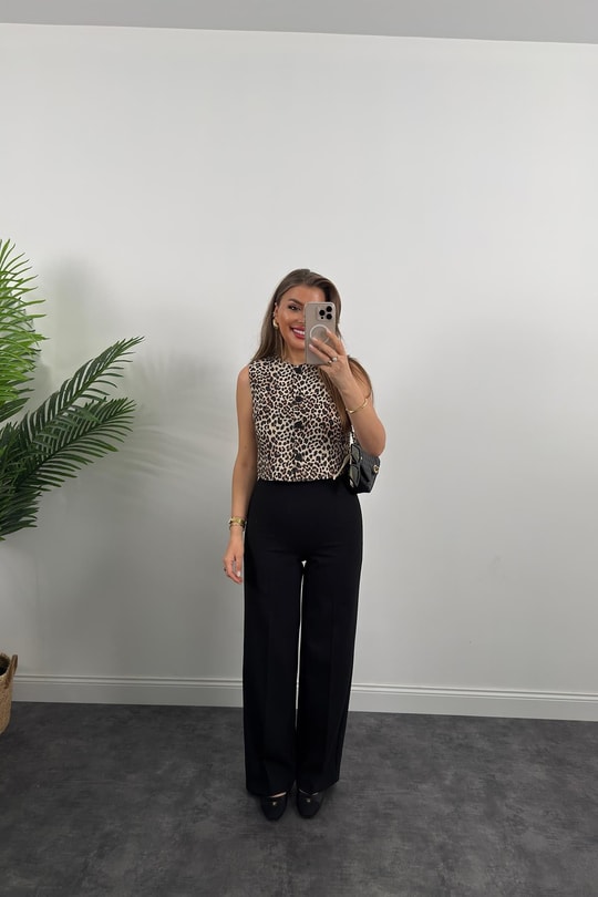 Premium Seri Astarlı Keten Leopar Yelek