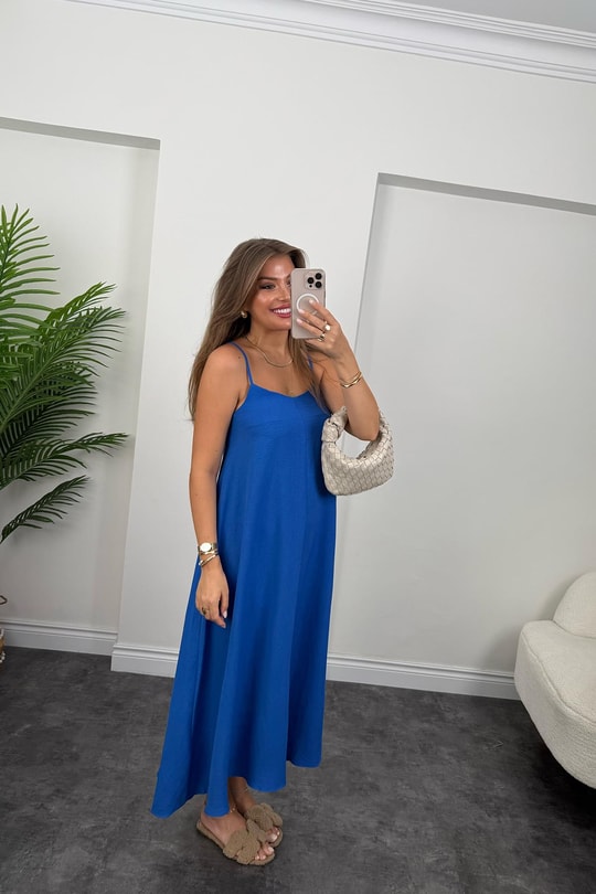 Premium Seri Basic Salaş Tensel Elbise Sax Mavi