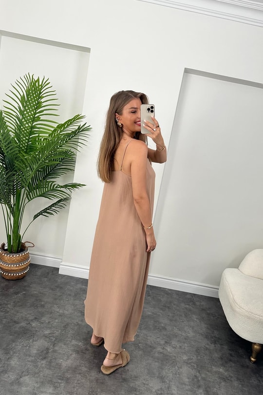 Premium Seri Basic Salaş Tensel Elbise Camel