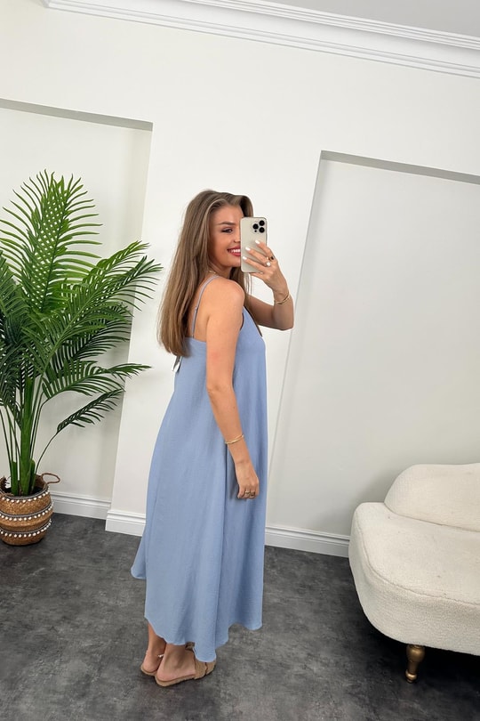 Premium Seri Basic Salaş Tensel Elbise Pastel Mavi