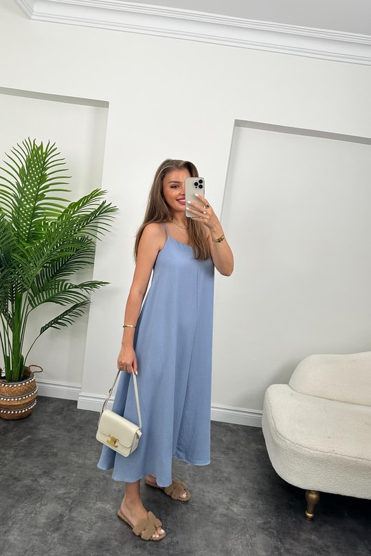 Premium Seri Basic Salaş Tensel Elbise Pastel Mavi
