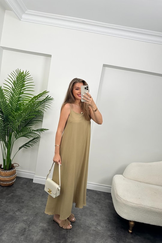 Premium Seri Basic Salaş Tensel Elbise Olive