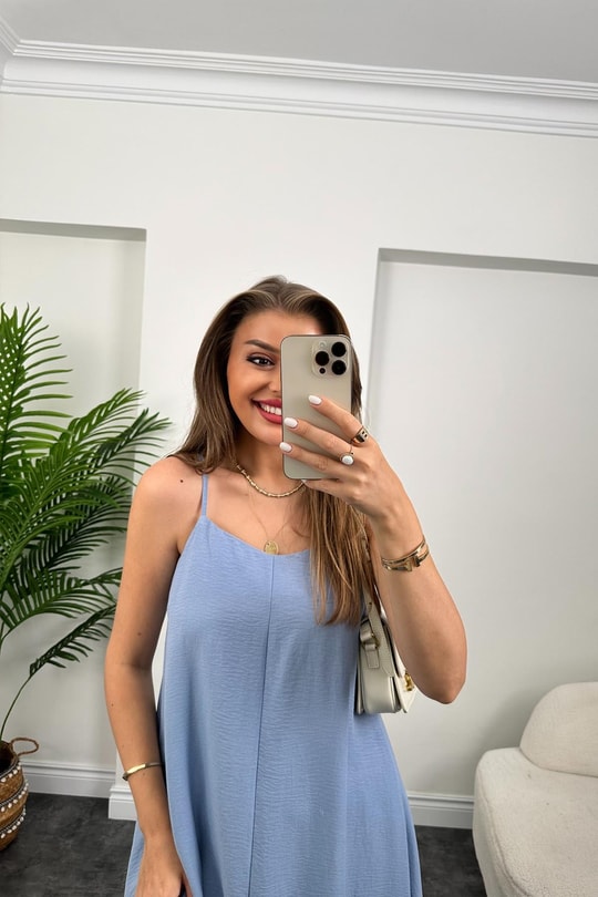 Premium Seri Basic Salaş Tensel Elbise Pastel Mavi