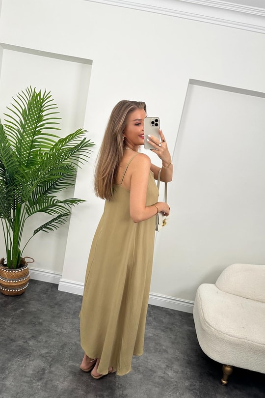 Premium Seri Basic Salaş Tensel Elbise Olive