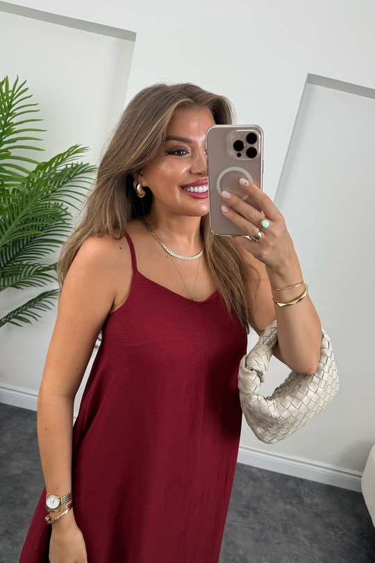 Premium Seri Basic Salaş Tensel Elbise Bordo