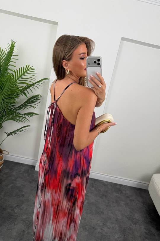 Premium Seri Batik Desenli Salaş Maxi Elbise Kırmızı Desenli