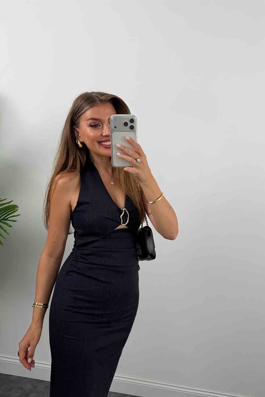 Premium Seri Bel Dekoltesi Tasarım Likralı Jean Elbise 