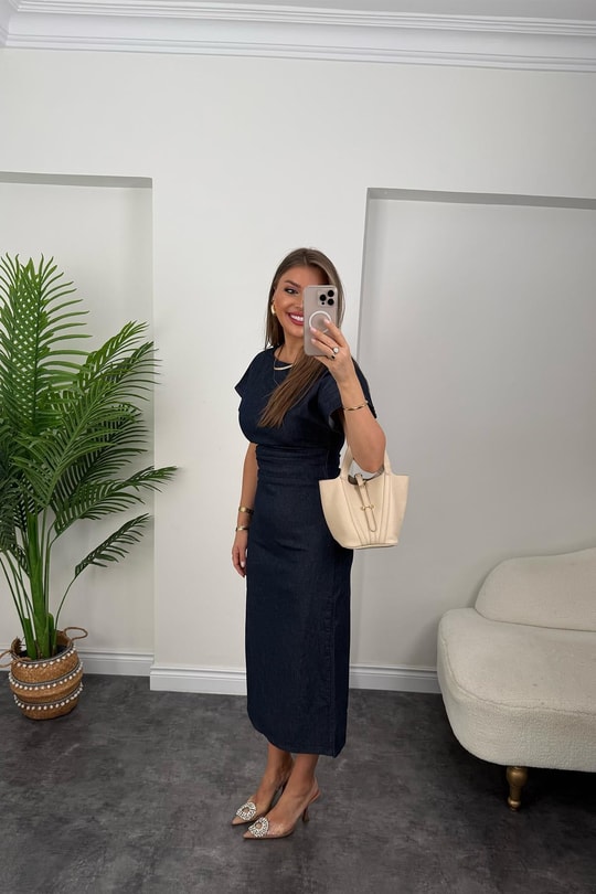 Premium Seri Beli Drapeli Likralı Yırtmaçlı Midi Boy Jean Elbise