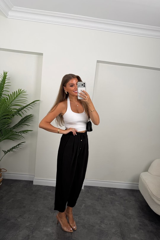 Premium Seri Beli İpli Dökümlü Kumaş Harem Pantolon Siyah