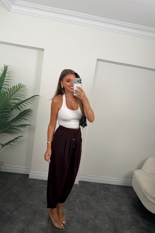 Premium Seri Beli İpli Dökümlü Kumaş Harem Pantolon Mürdüm