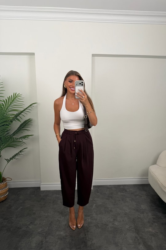 Premium Seri Beli İpli Dökümlü Kumaş Harem Pantolon Mürdüm