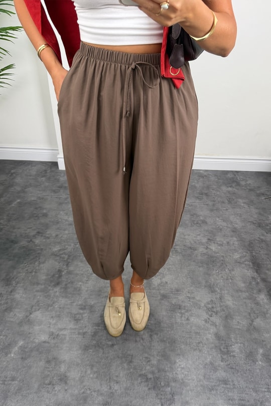 Premium Seri Beli İpli Tensel Baggy Pantolon Kahve