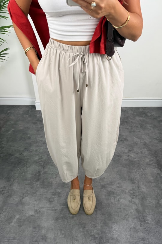 Premium Seri Beli İpli Tensel Baggy Pantolon Taş