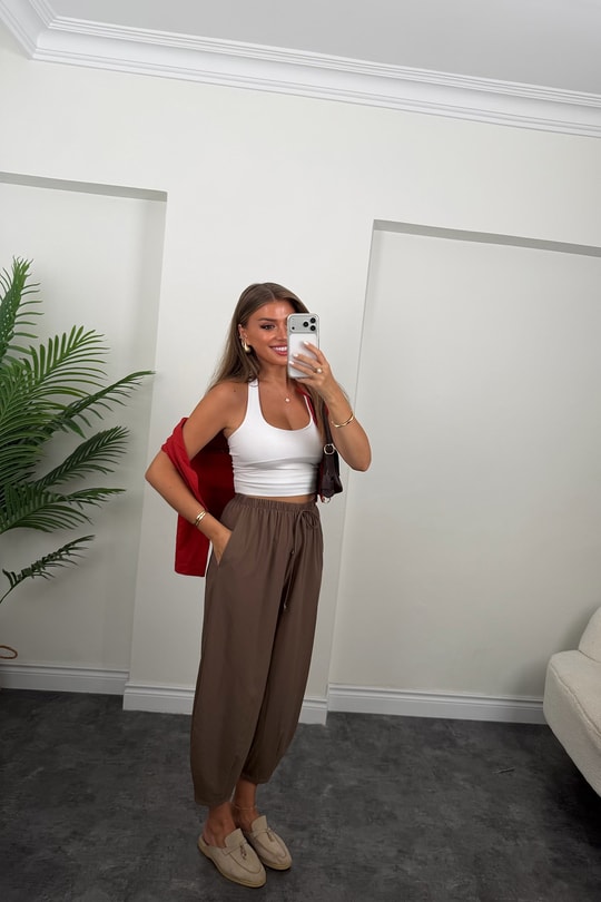 Premium Seri Beli İpli Tensel Baggy Pantolon Kahve