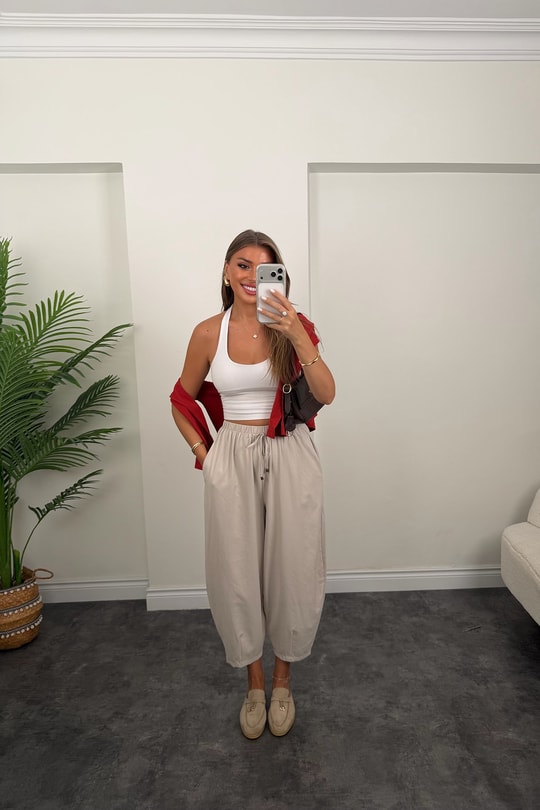 Premium Seri Beli İpli Tensel Baggy Pantolon Taş