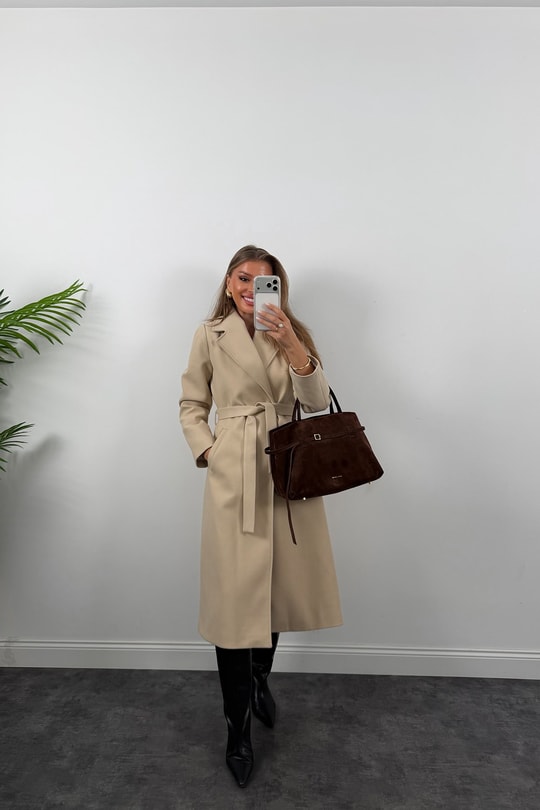 Premium Seri Beli Kuşaklı Basic Maxi Kaşe Kaban Taş  