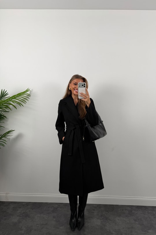 Premium Seri Beli Kuşaklı Basic Maxi Kaşe Kaban  Siyah
