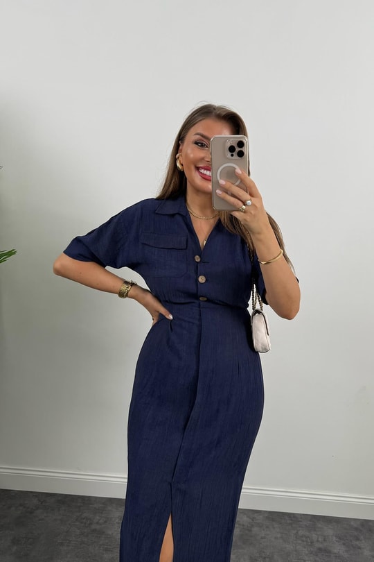 Premium Seri Beli Lastikli Ahşap Düğmeli Midi Boy Elbise Lacivert