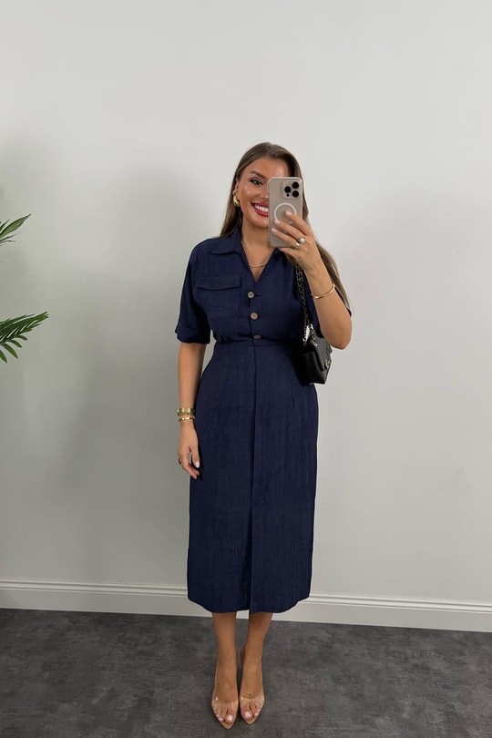 Premium Seri Beli Lastikli Ahşap Düğmeli Midi Boy Elbise Lacivert