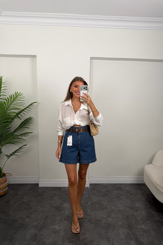 Premium Seri Beli Lastikli Şehir Boy Jean Şort Koyu Mavi