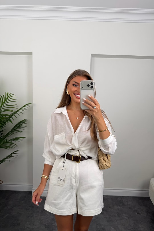 Premium Seri Beli Lastikli Şehir Boy Jean Şort Beyaz