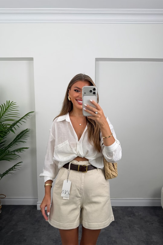 Premium Seri Beli Lastikli Şehir Boy Jean Şort Taş