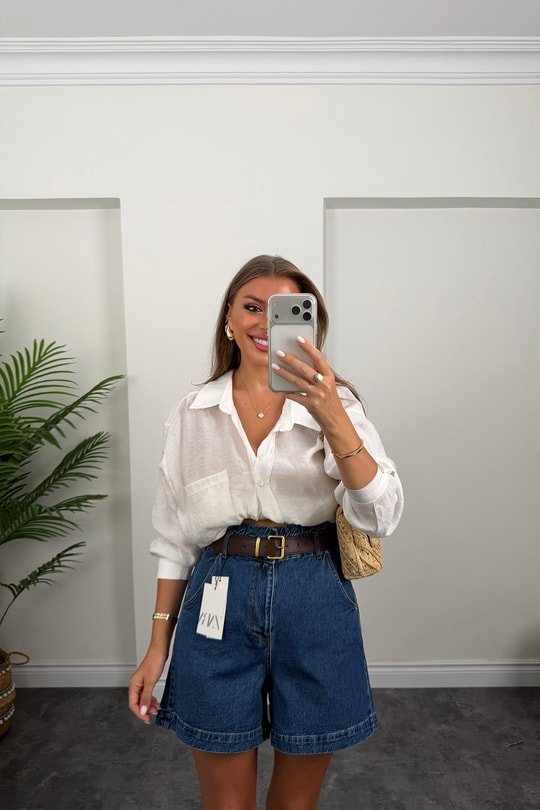 Premium Seri Beli Lastikli Şehir Boy Jean Şort Koyu Mavi