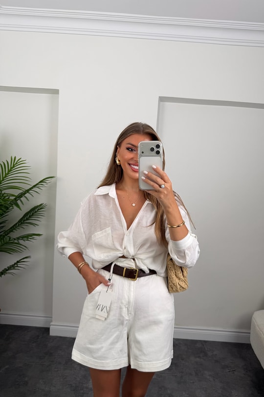 Premium Seri Beli Lastikli Şehir Boy Jean Şort Beyaz