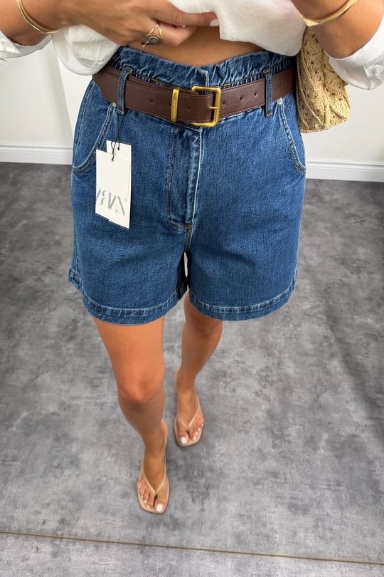 Premium Seri Beli Lastikli Şehir Boy Jean Şort Koyu Mavi