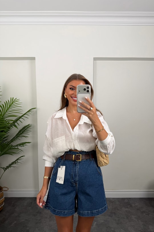 Premium Seri Beli Lastikli Şehir Boy Jean Şort Koyu Mavi
