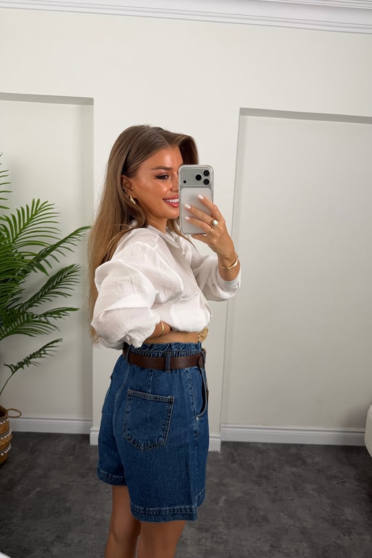 Premium Seri Beli Lastikli Şehir Boy Jean Şort Koyu Mavi