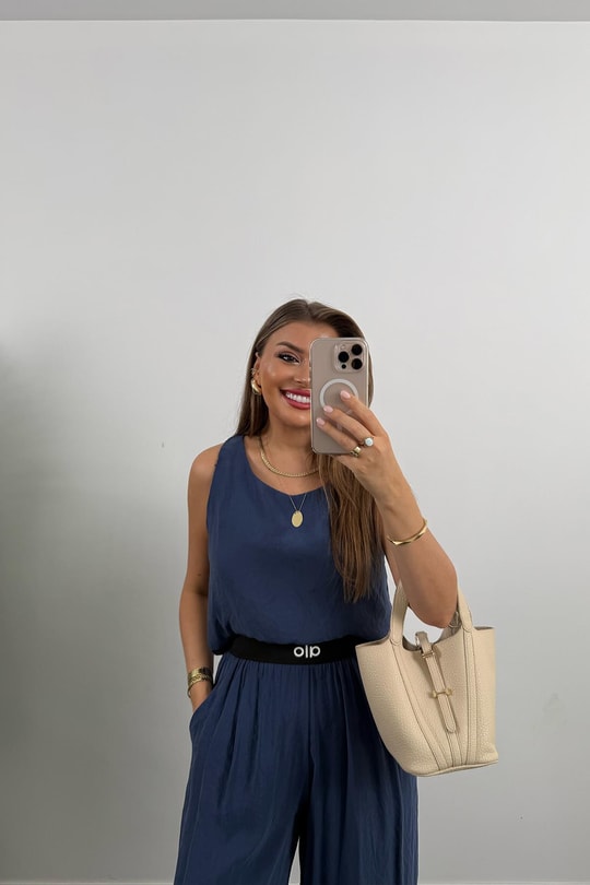 Premium Seri Beli Nakışlı Lastikli Tensel Kumaş OLA Takım İndigo