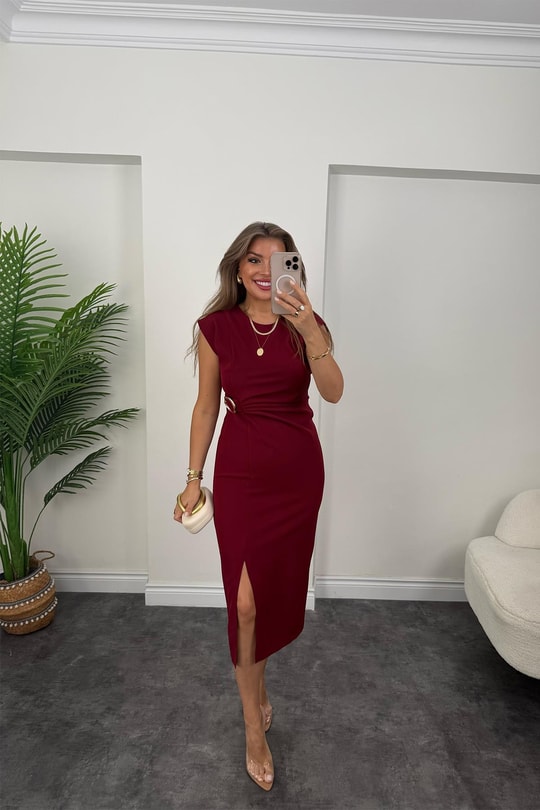 Premium Seri Beli Tokalı Midi Boy Yırtmaçlı Kalem Elbise Bordo