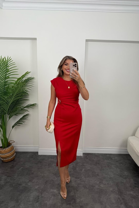 Premium Seri Beli Tokalı Midi Boy Yırtmaçlı Kalem Elbise Kırmızı