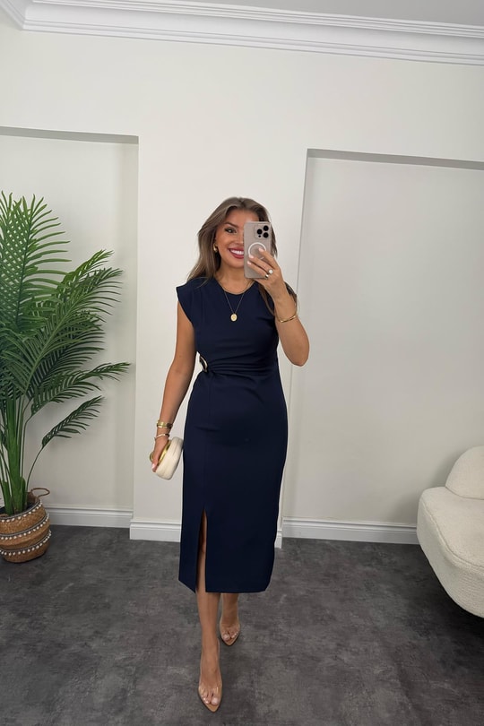 Premium Seri Beli Tokalı Midi Boy Yırtmaçlı Kalem Elbise Lacivert