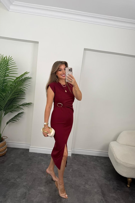 Premium Seri Beli Tokalı Midi Boy Yırtmaçlı Kalem Elbise Bordo