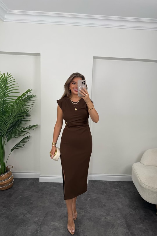 Premium Seri Beli Tokalı Midi Boy Yırtmaçlı Kalem Elbise Acı Kahve