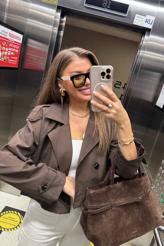 Premium Seri Biker Model Apoletli Kısa Trençkot Acı Kahve