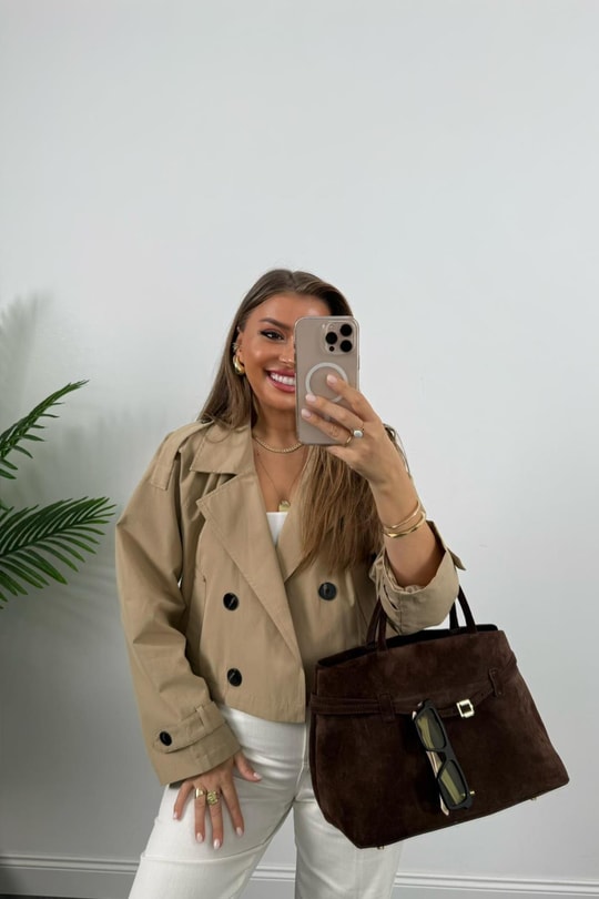 Premium Seri Biker Model Apoletli Kısa Trençkot Bej