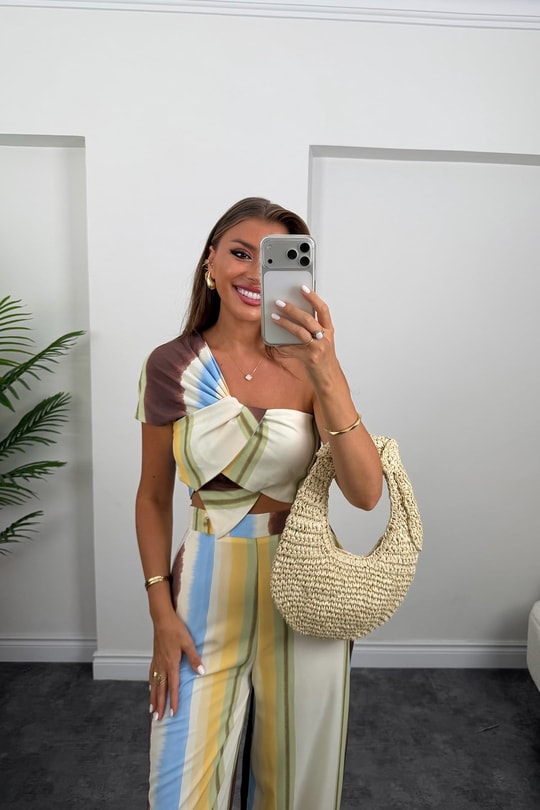 Premium Seri Bluz Palazzo Renkli Çizgili Takım 