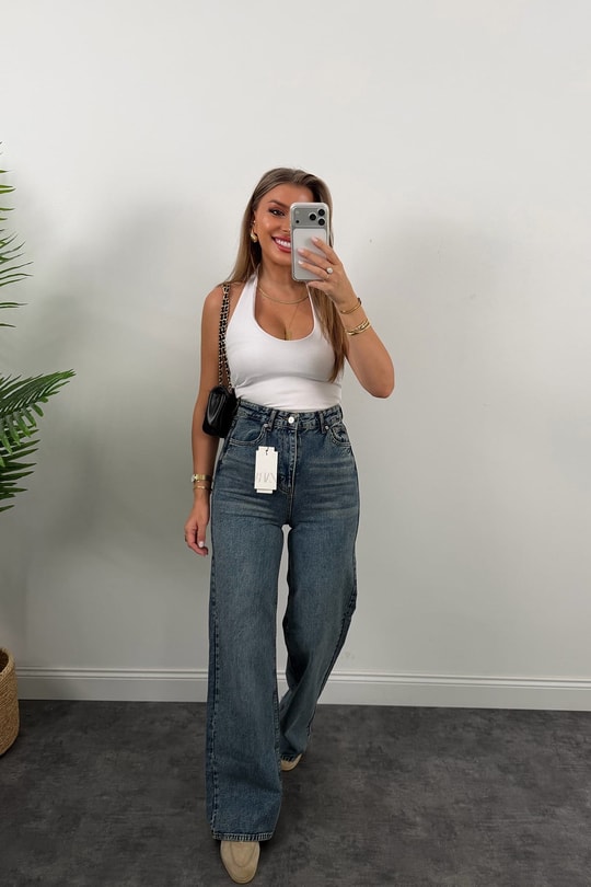 Premium Seri Bol Paça Yüksek Bel Jean 1019 Vintage Mavi