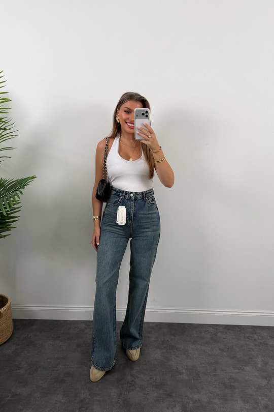 Premium Seri Bol Paça Yüksek Bel Jean 1019 Vintage Mavi