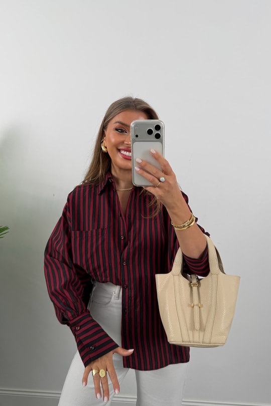 Premium Seri Bordo Siyah Çizgili Tensel Gömlek