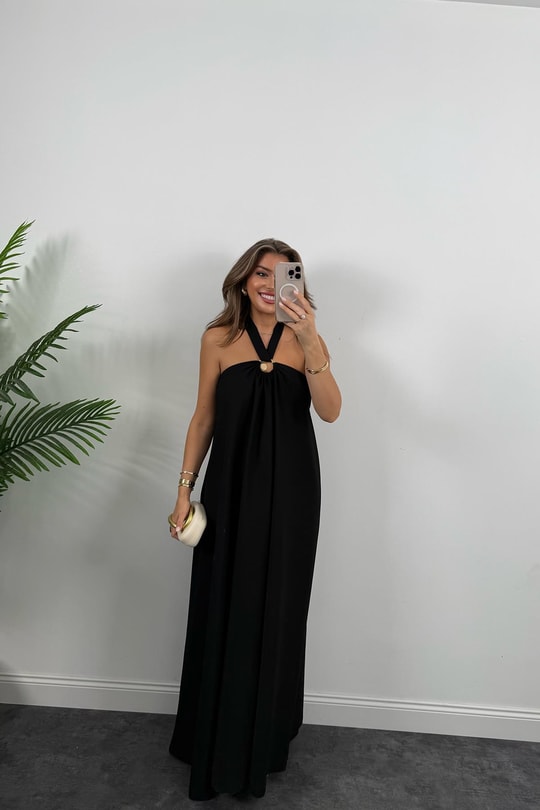 Premium Seri Boyun Detaylı Maxi Dökümlü Elbise
