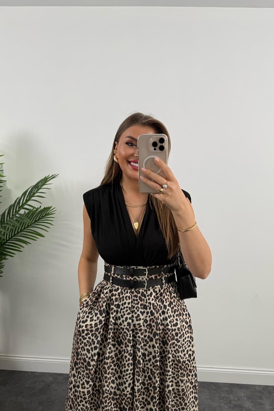 Premium Seri Çift Kemerli Maxi Leopar Etek