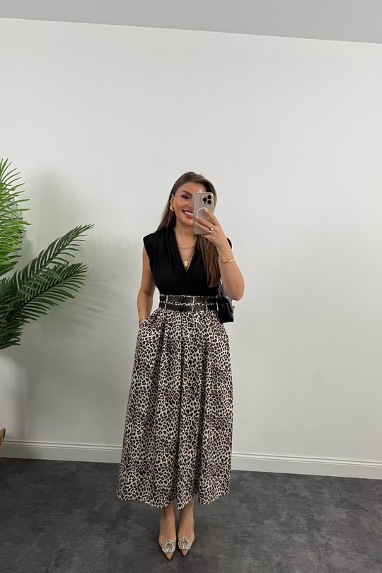 Premium Seri Çift Kemerli Maxi Leopar Etek